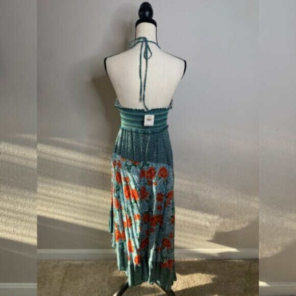 NWT Free People Pleated Halter Sundress in Blue and Orange Midi Dress - Picture 9 of 16